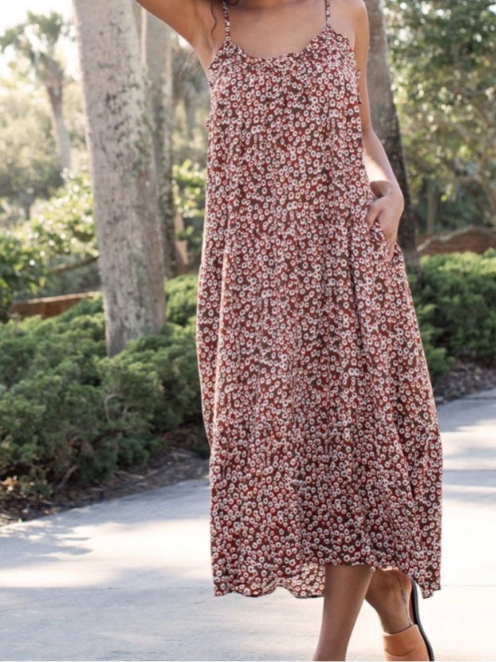 Natural Life Harley Midi Dress Size L/XL Rust Floral Daisy Tiered Boho Pockets - Picture 4 of 11